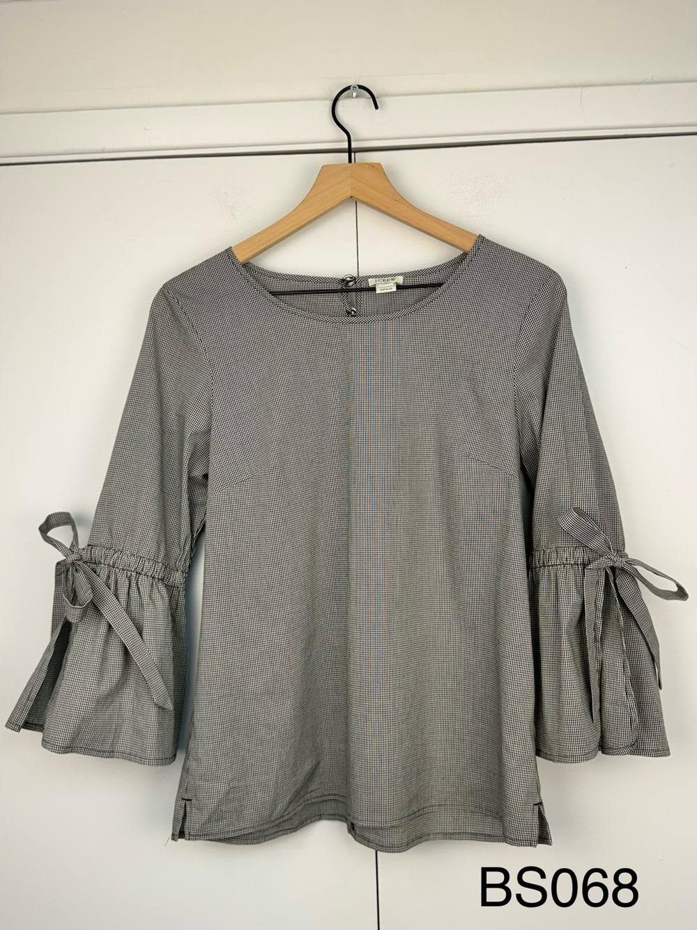 J.Crew Black White Gingham Bell Sleeve Tie Blouse H5200 S